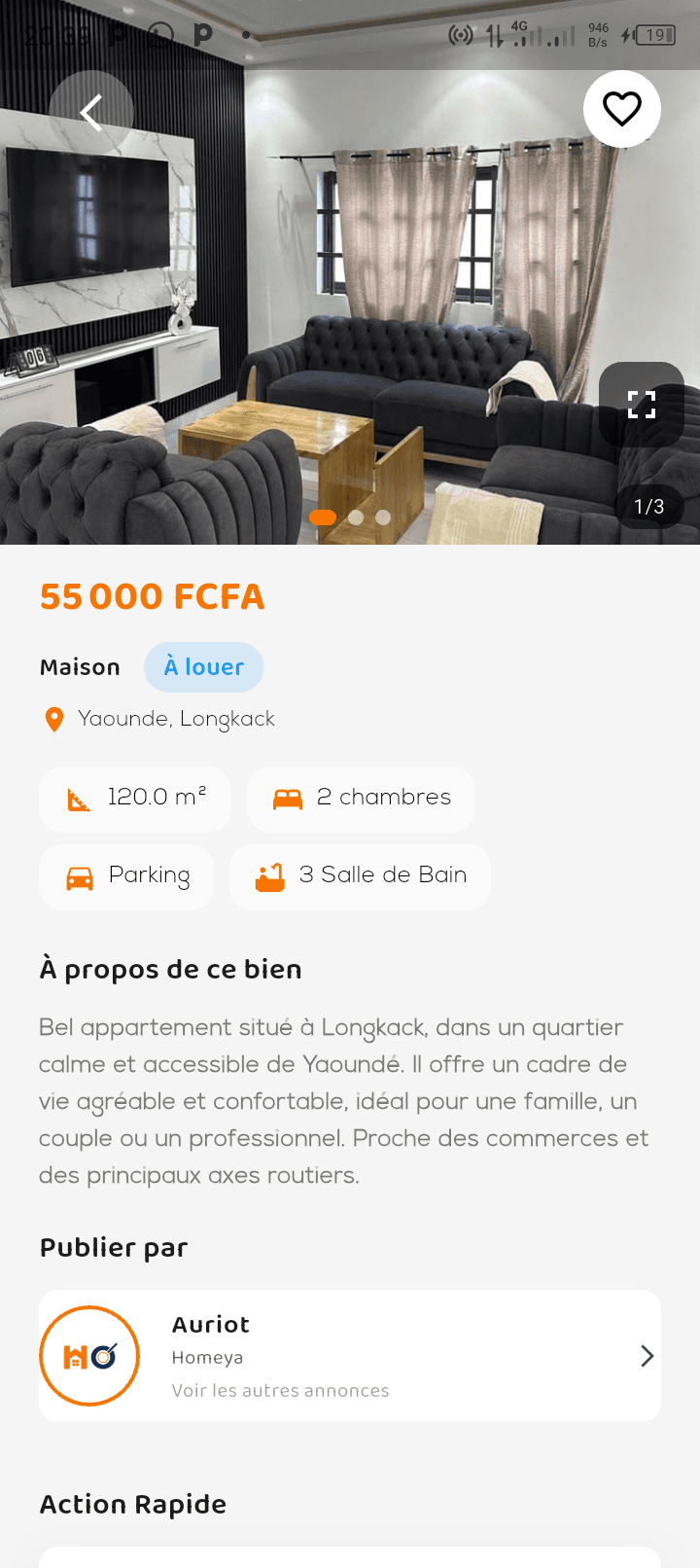 Accueil de l'application HomeYa pour rechercher des logements au Cameroun